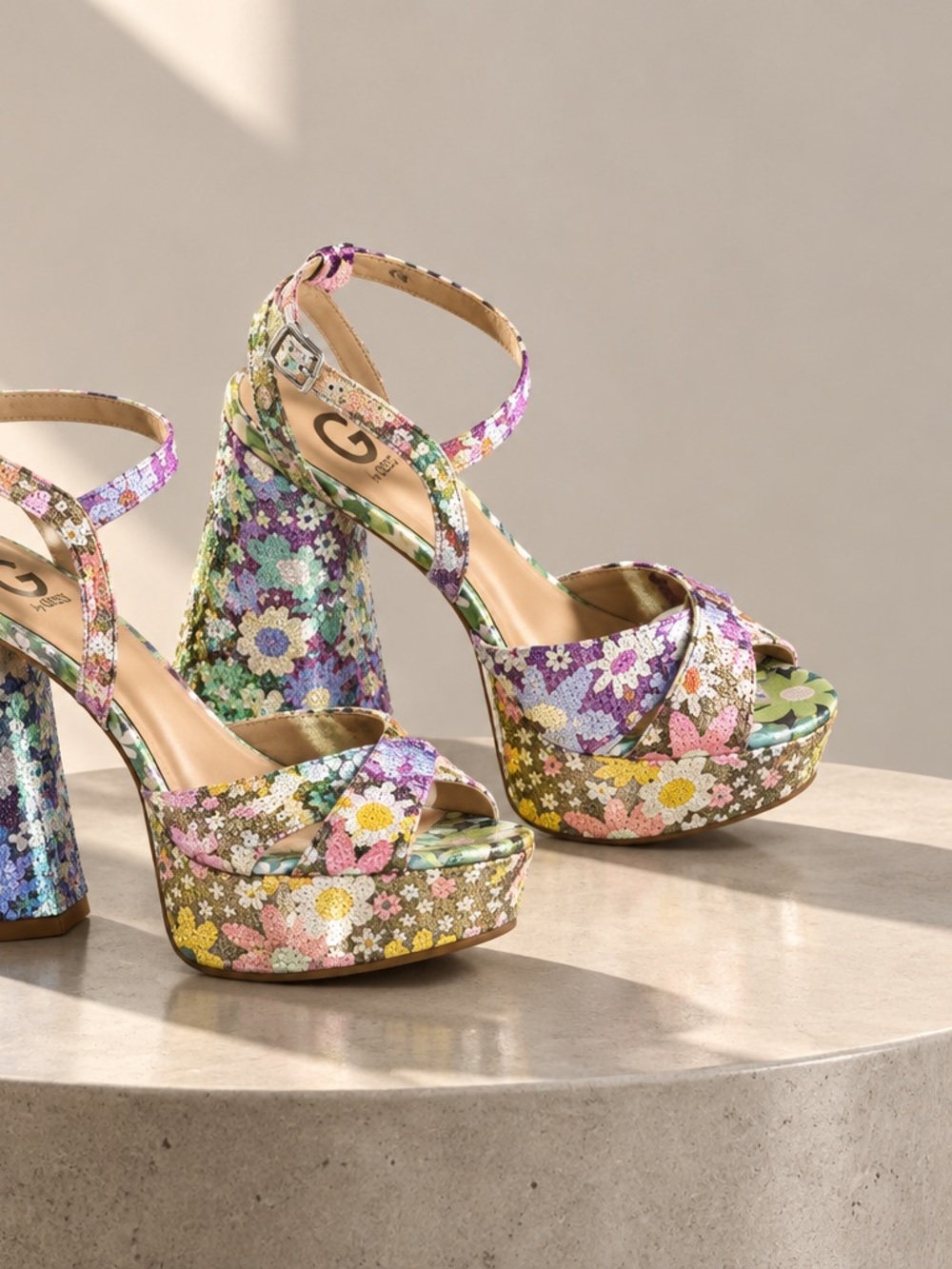 Gianni Bini GB Ulti-Mate Floral Rhinestone Platform Sandals - Size 7.5